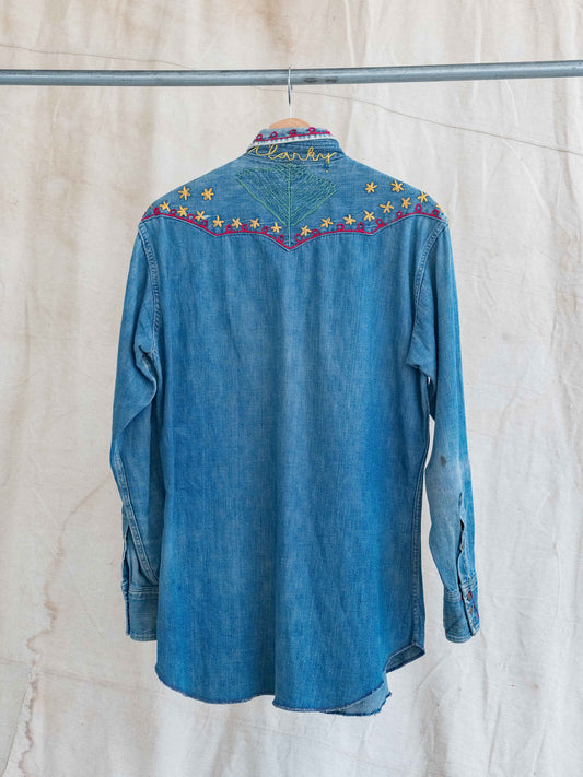 1960’s Wrangler Blue Bell Embroidered Hippie Slant Pocket Snap Shirt