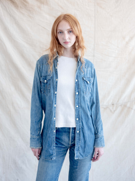 1960’s Wrangler Blue Bell Heavily Faded Pearl Snap Denim Shirt