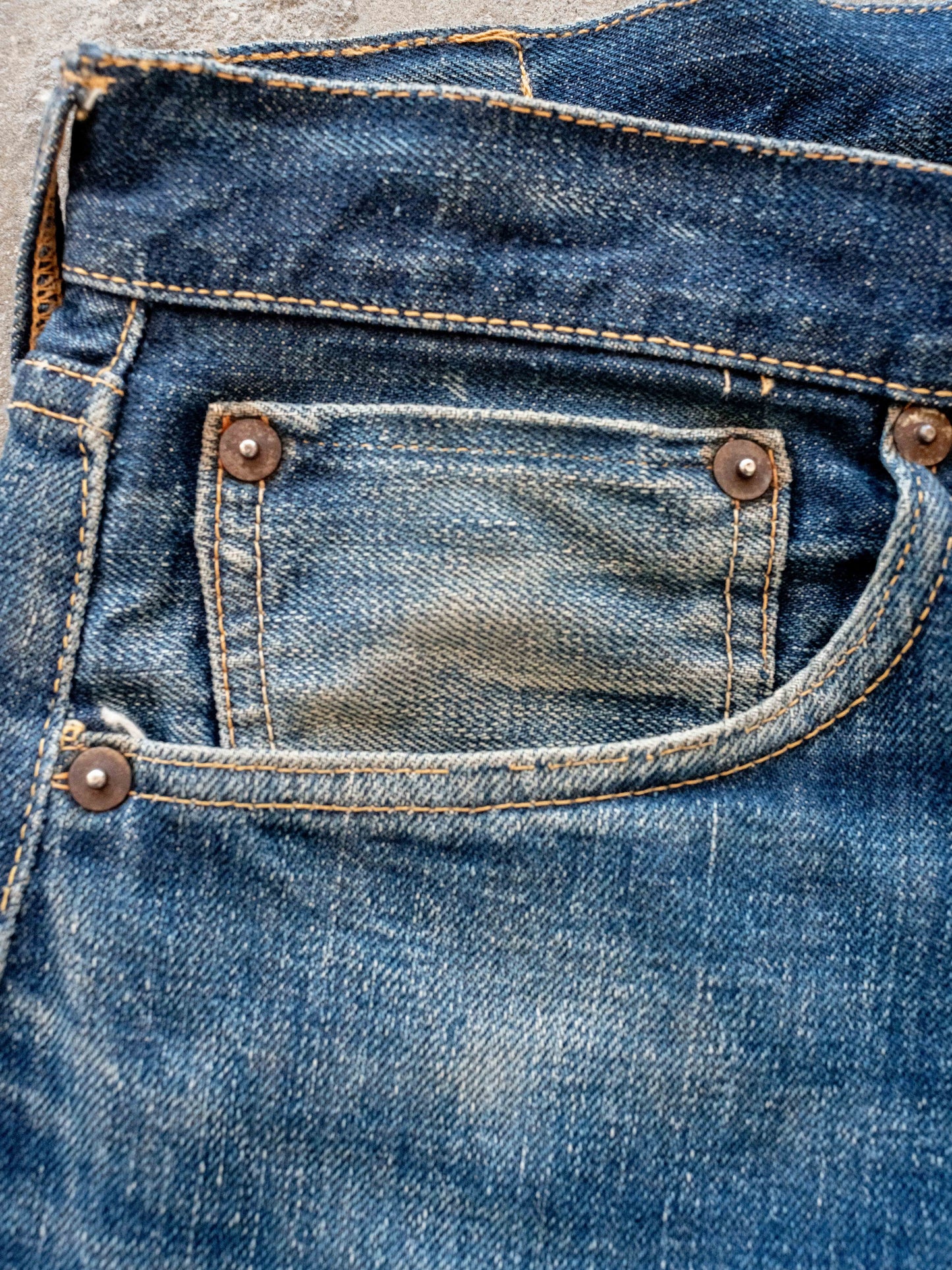 1950's Levi's 501XX Soft Leather Patch in Dark Midwash with Whiskering 34W