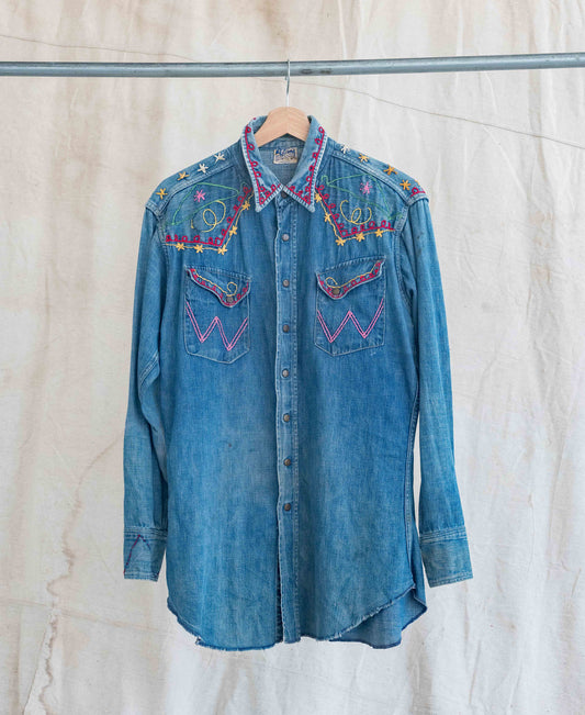 1960’s Wrangler Blue Bell Embroidered Hippie Slant Pocket Snap Shirt