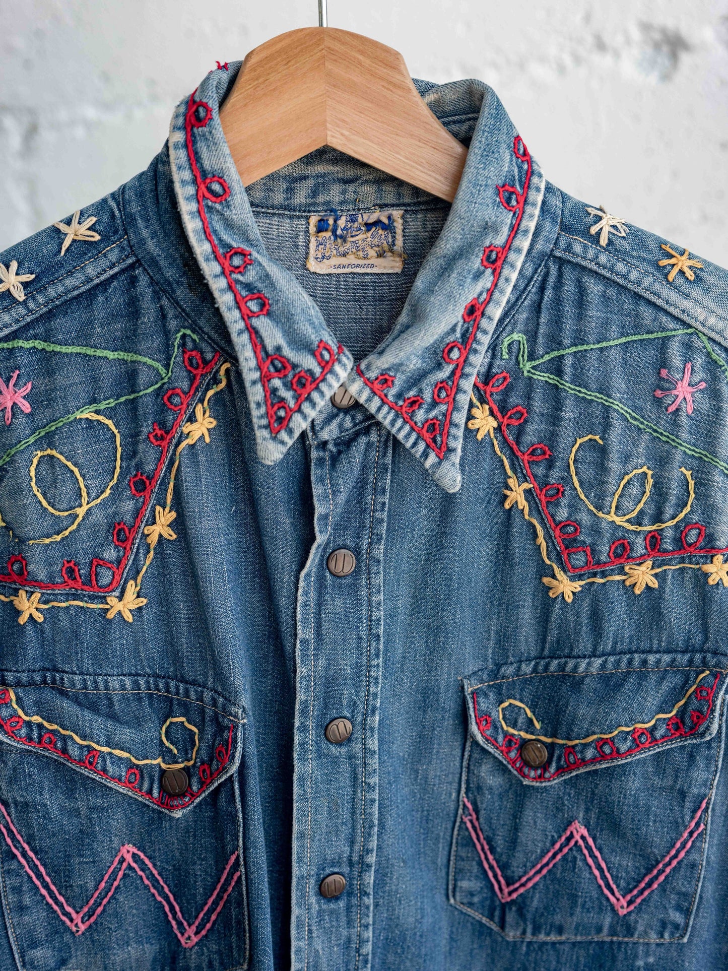 1960’s Wrangler Blue Bell Embroidered Hippie Slant Pocket Snap Shirt