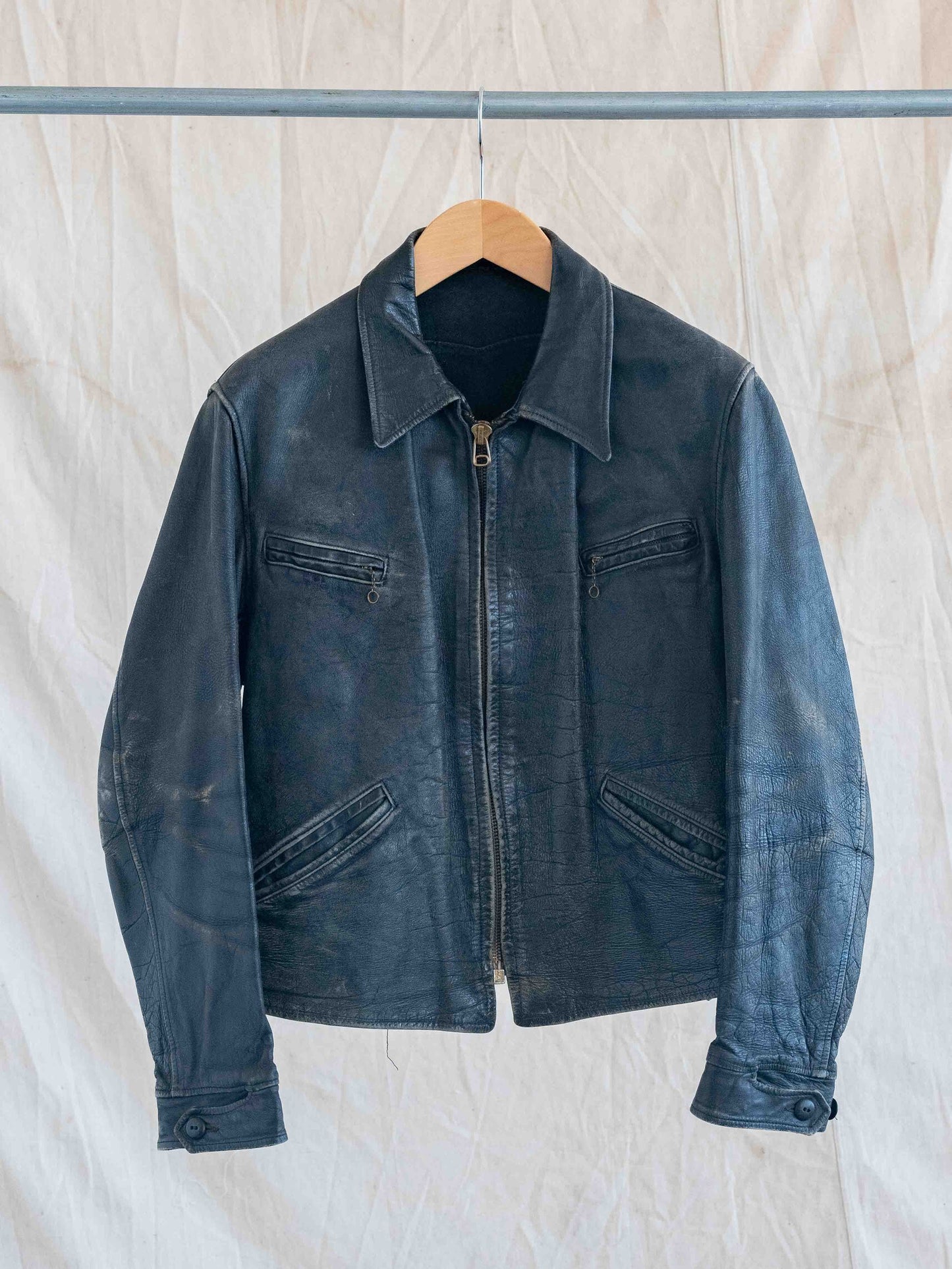 1950’s/1960’s Black Four Pocket Leather Jacket with Solid Patina