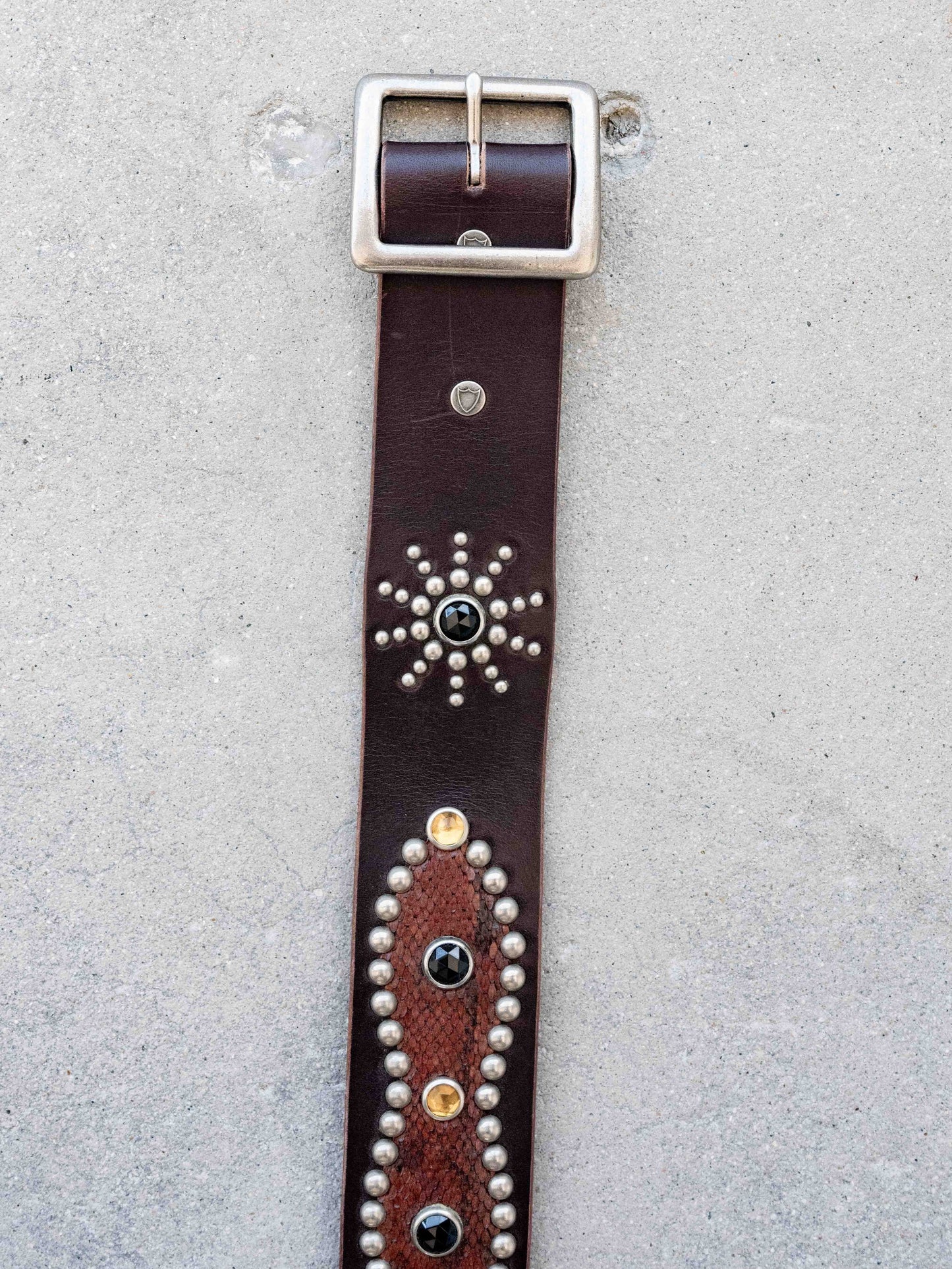 Hollywood Trading Company Dark Brown Studded Belt with Snakeskin-34/36W