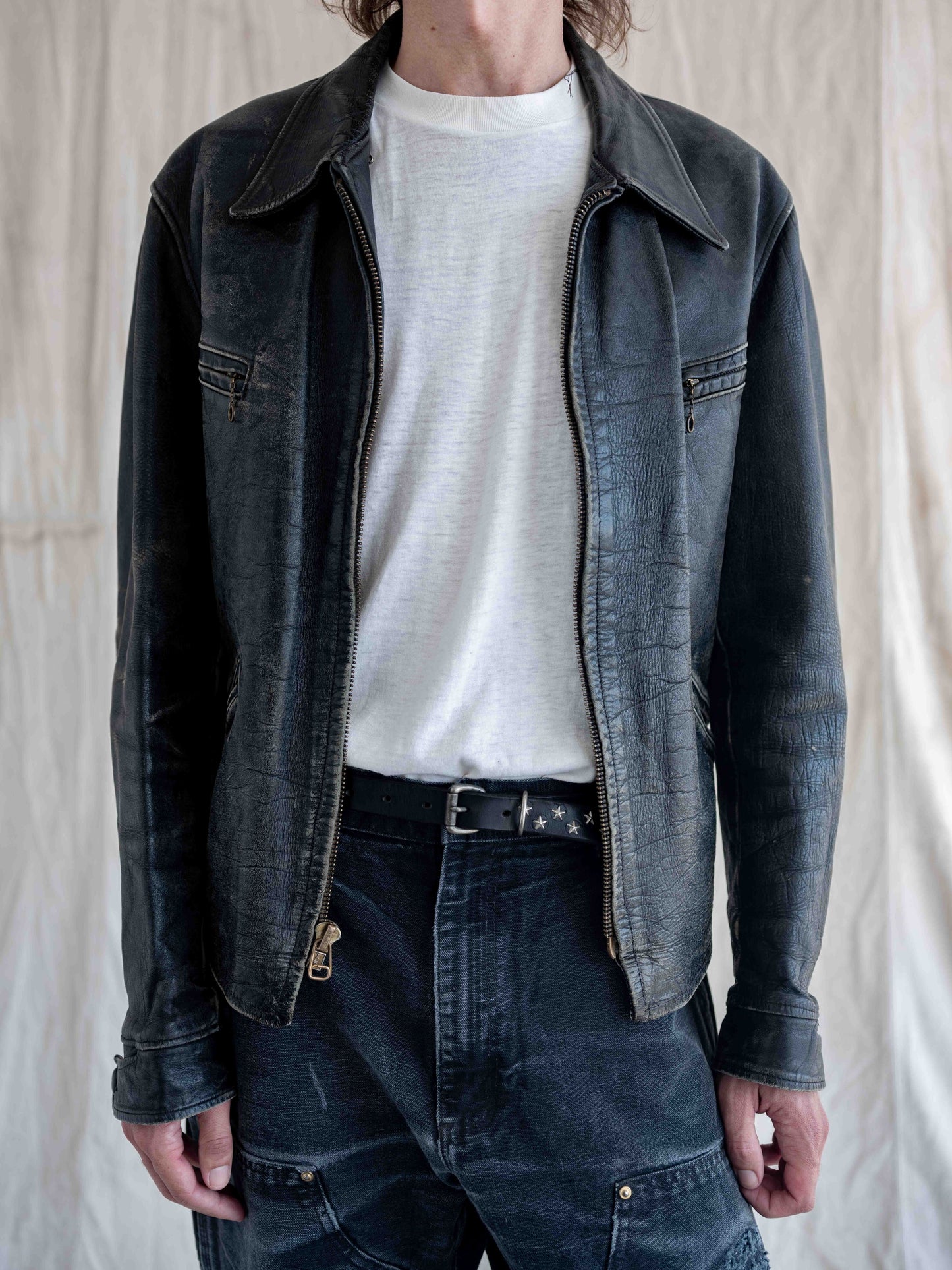 1950’s/1960’s Black Four Pocket Leather Jacket with Solid Patina