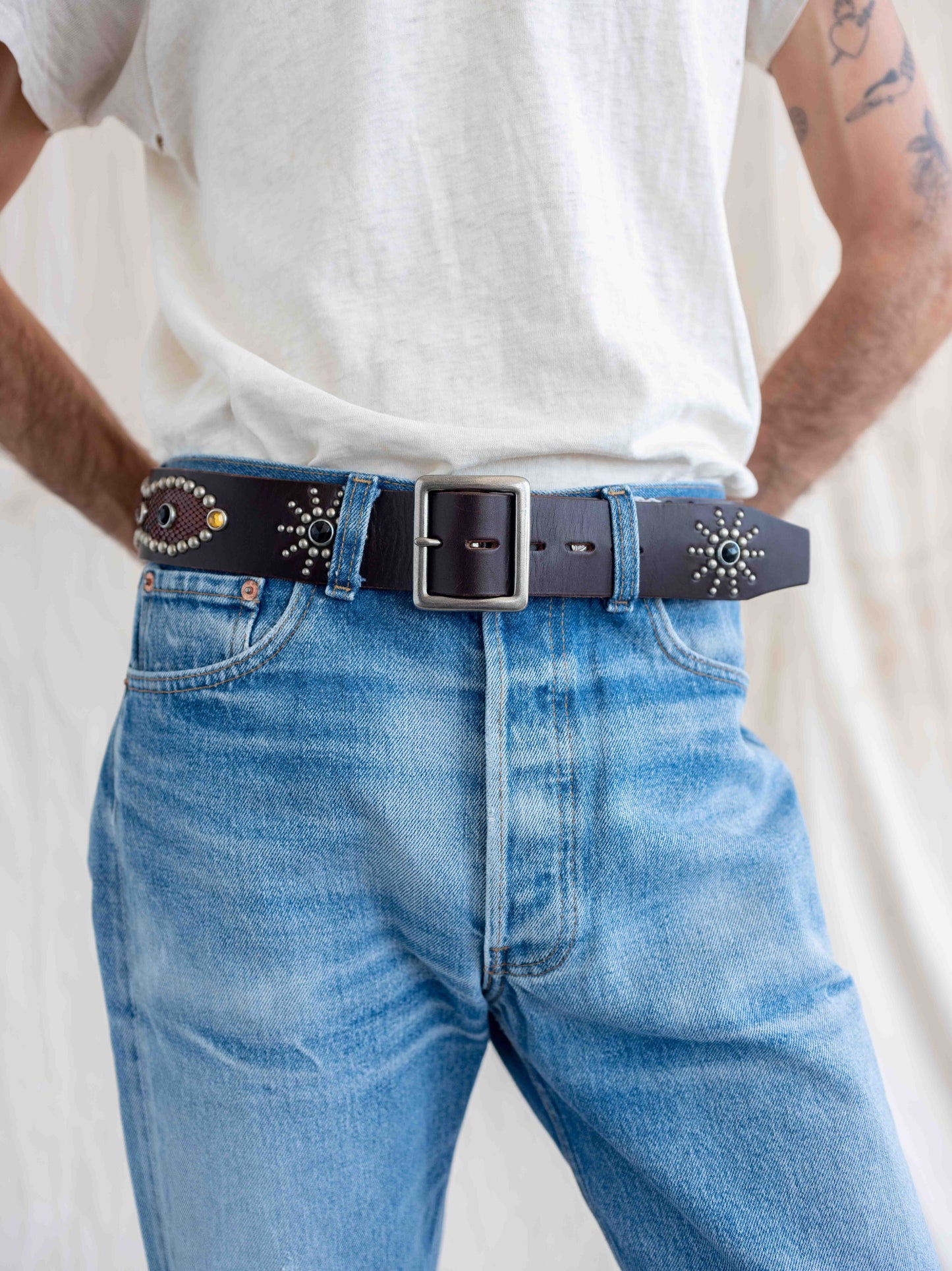 Hollywood Trading Company Dark Brown Studded Belt with Snakeskin-34/36W