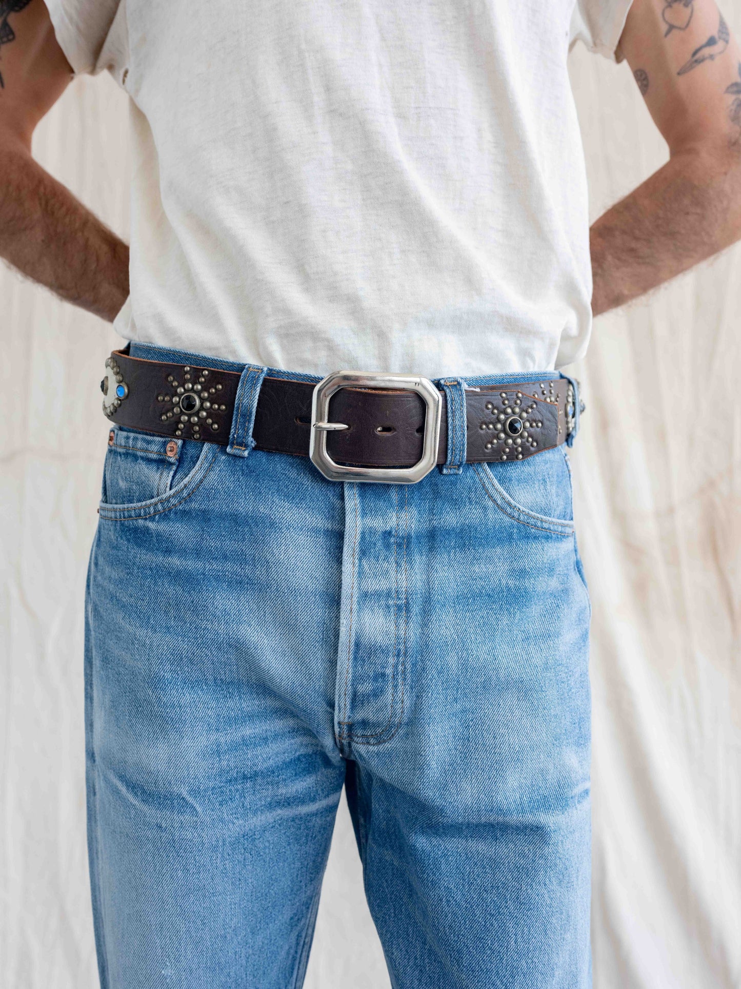 Hollywood Trading Company Studded Brown Belt with Black and Blue Gems-W34/36