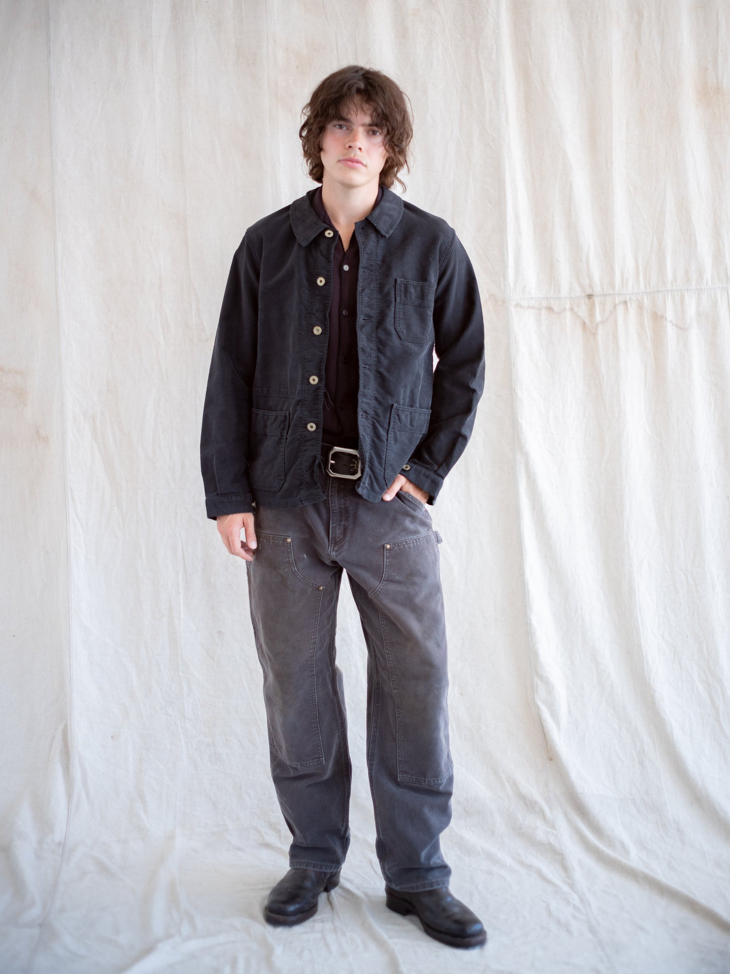 1950’s Black French Chore Jacket with Added Laurel Wreath Buttons