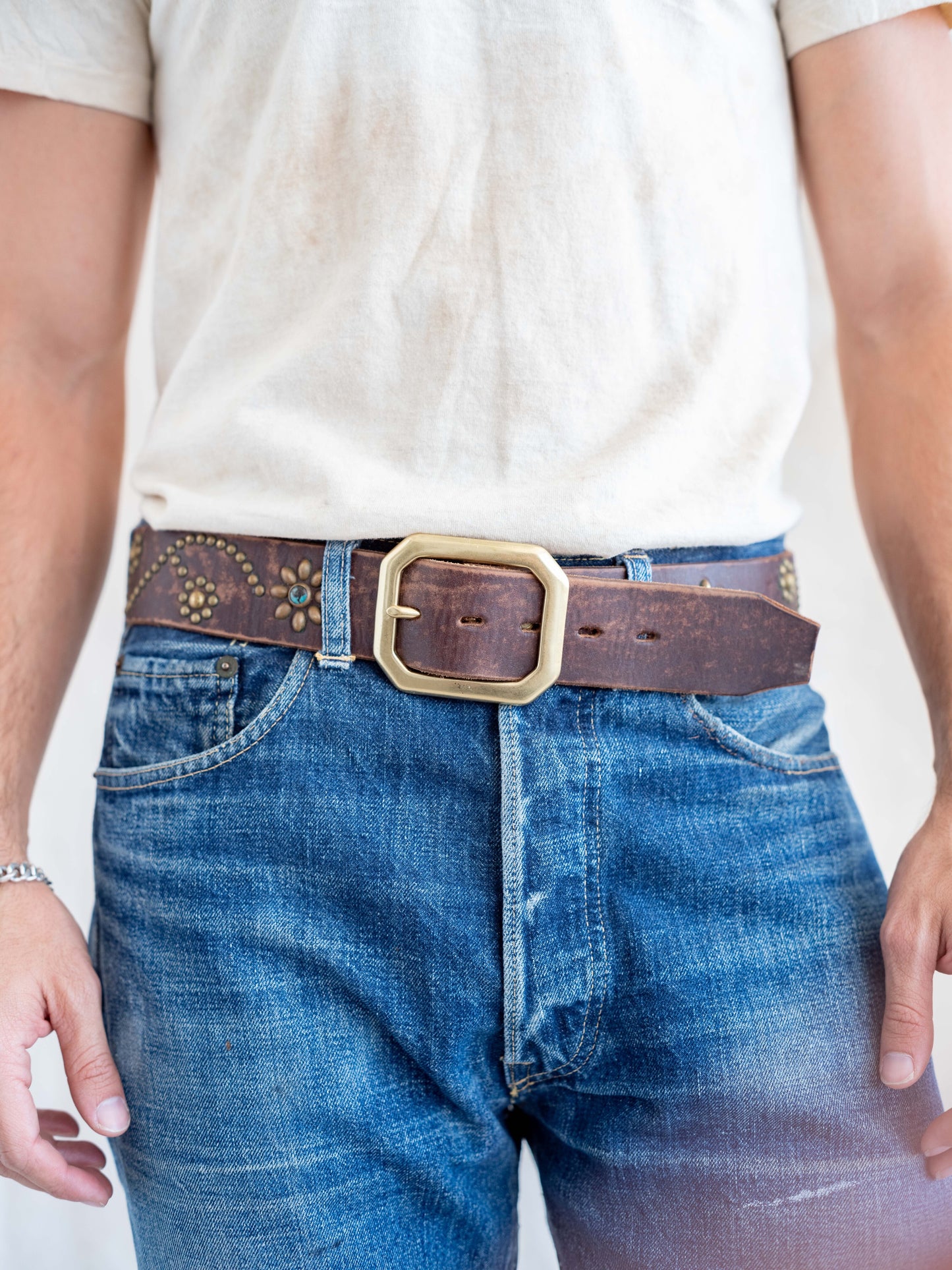 Hollywood Trading Company Brown Floral Turquoise Belt 32W