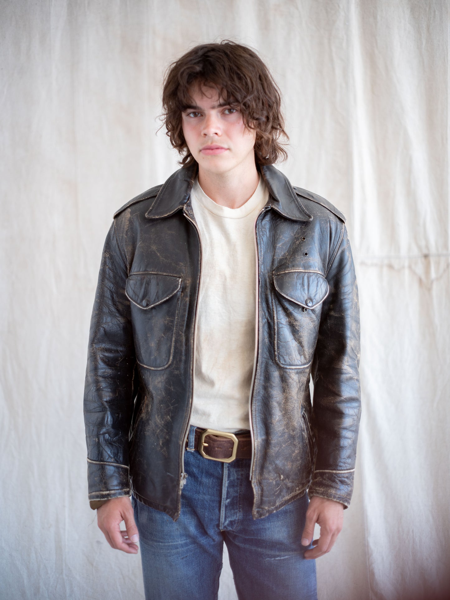 1960’s Leather Four Pocket Jacket with Great Wear and Liner