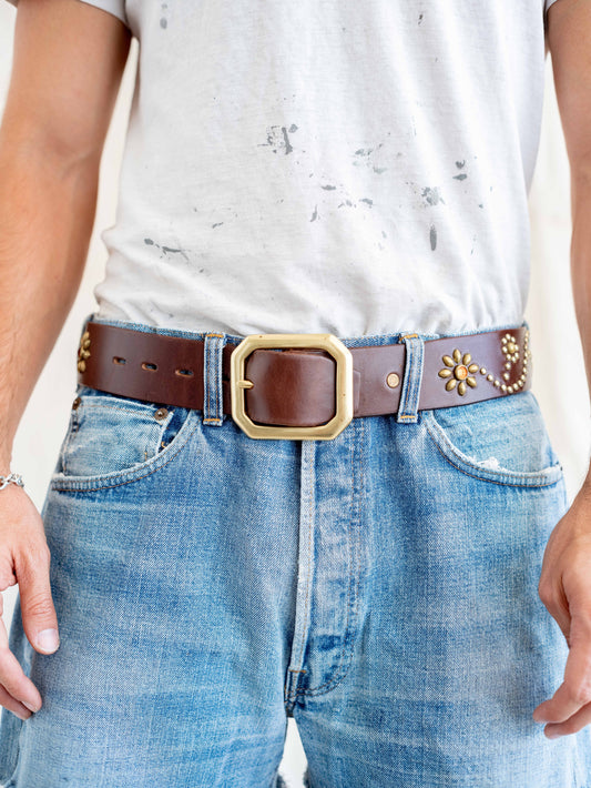 Hollywood Trading Company Studded Brown Floral Belt 28/30W