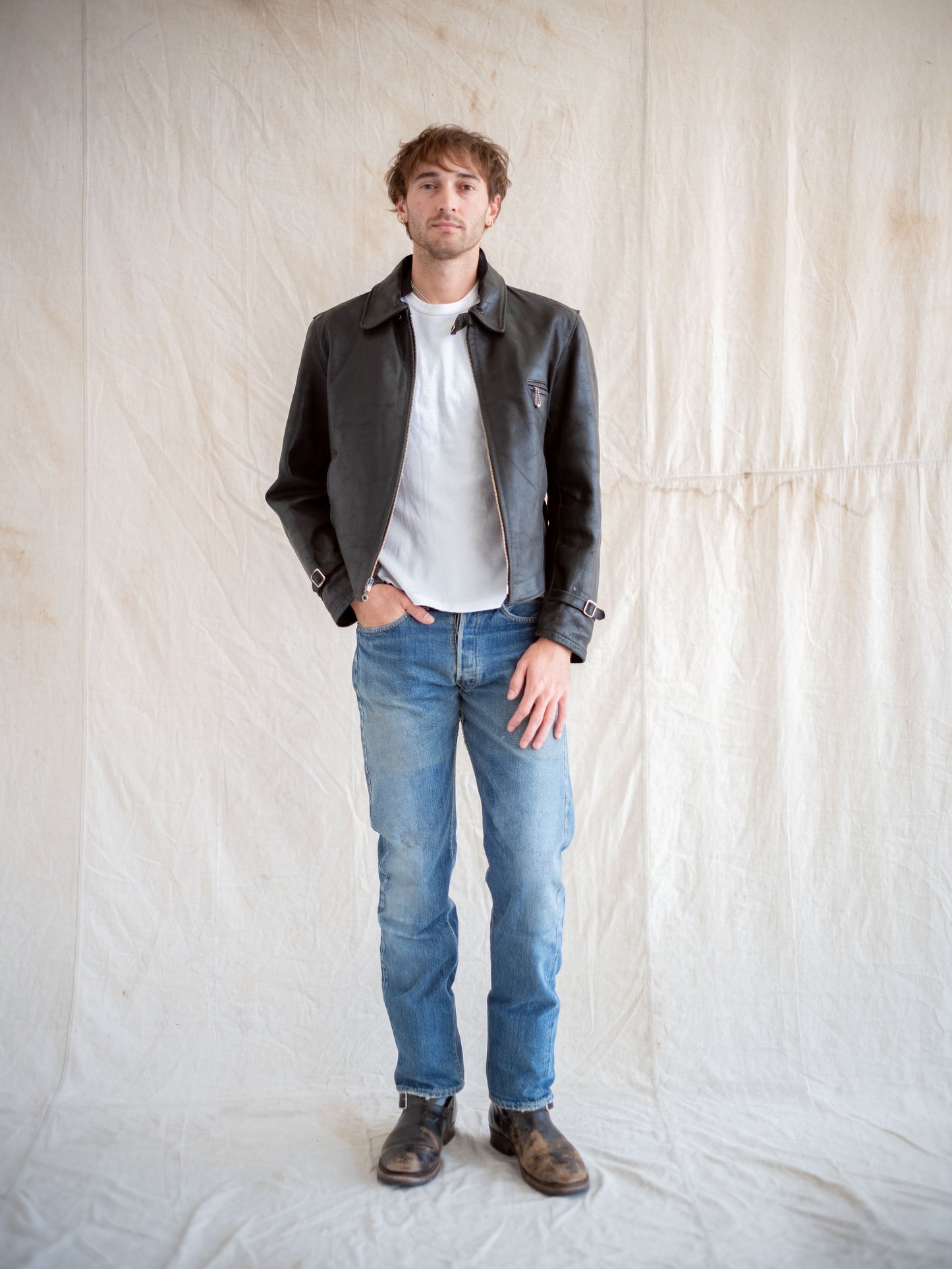 1930’s Ball and Chain Three Pocket Leather Jacket with Blanket Lining and Chin Strap
