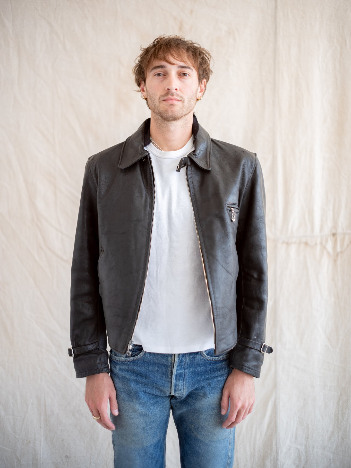 1930’s Ball and Chain Three Pocket Leather Jacket with Blanket Lining and Chin Strap