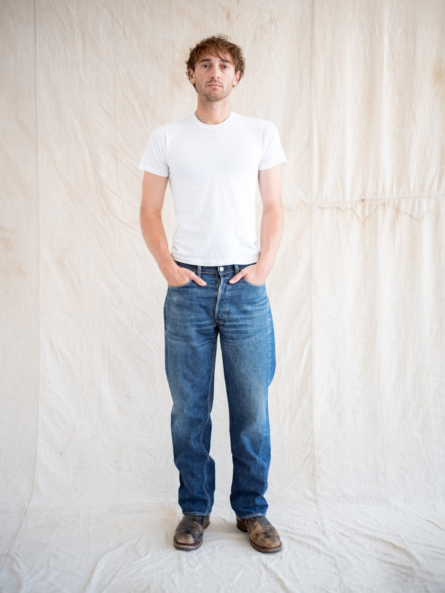 1950's Levi's 501XX Soft Leather Patch in Dark Midwash with Whiskering 34W