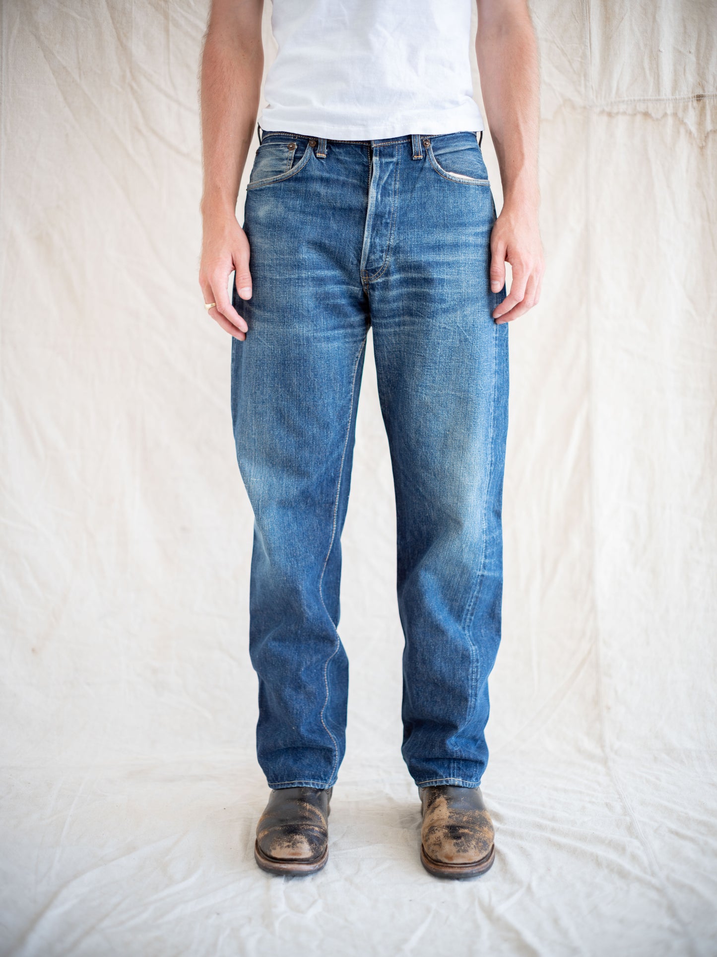 1950's Levi's 501XX Soft Leather Patch in Dark Midwash with Whiskering 34W