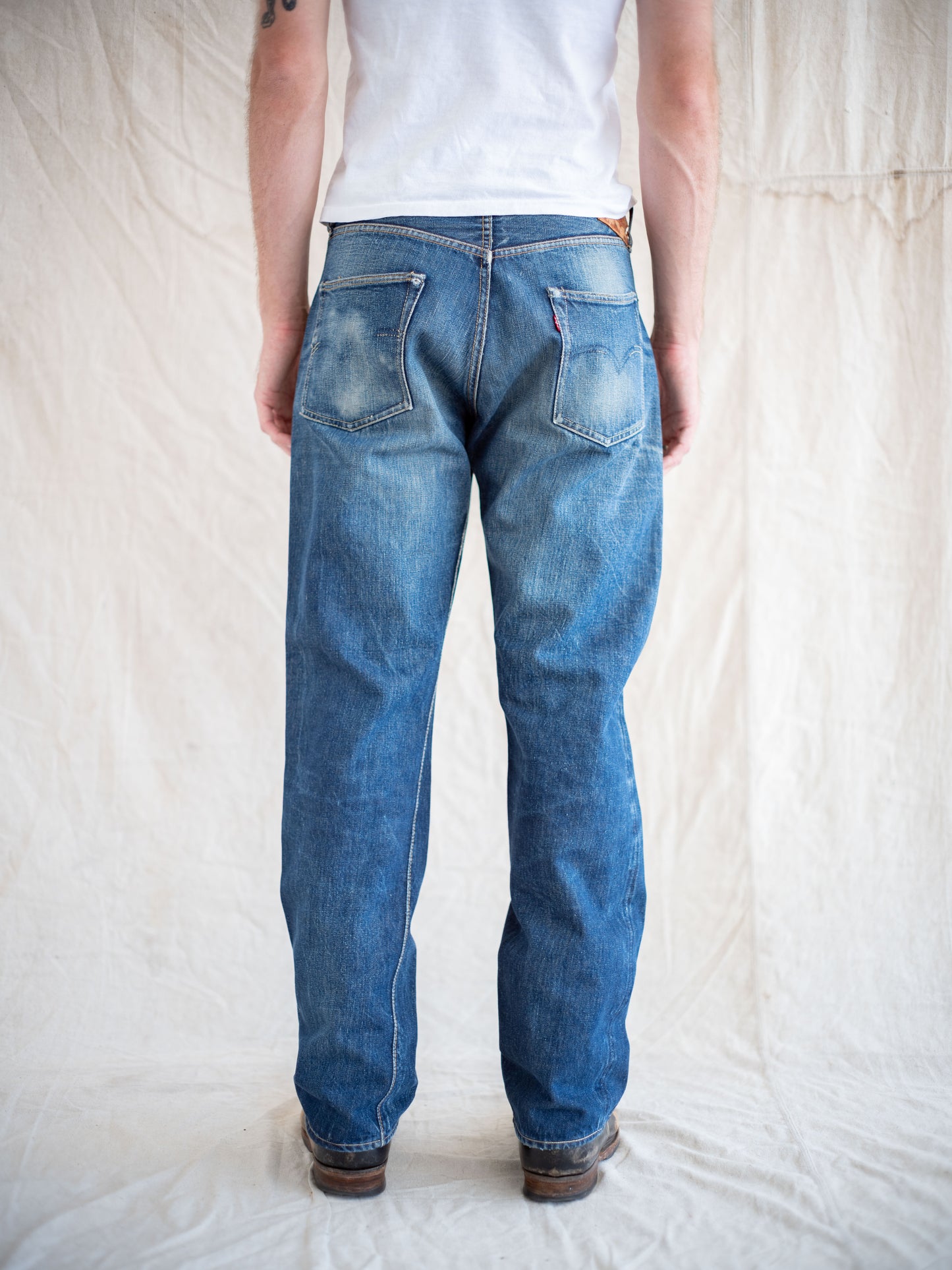 1950's Levi's 501XX Soft Leather Patch in Dark Midwash with Whiskering 34W