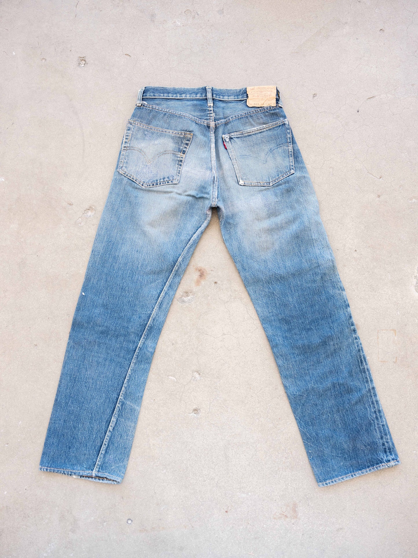1960’s Big E 501XX Hidden Rivets in a Light Midwash with Repairs 30W