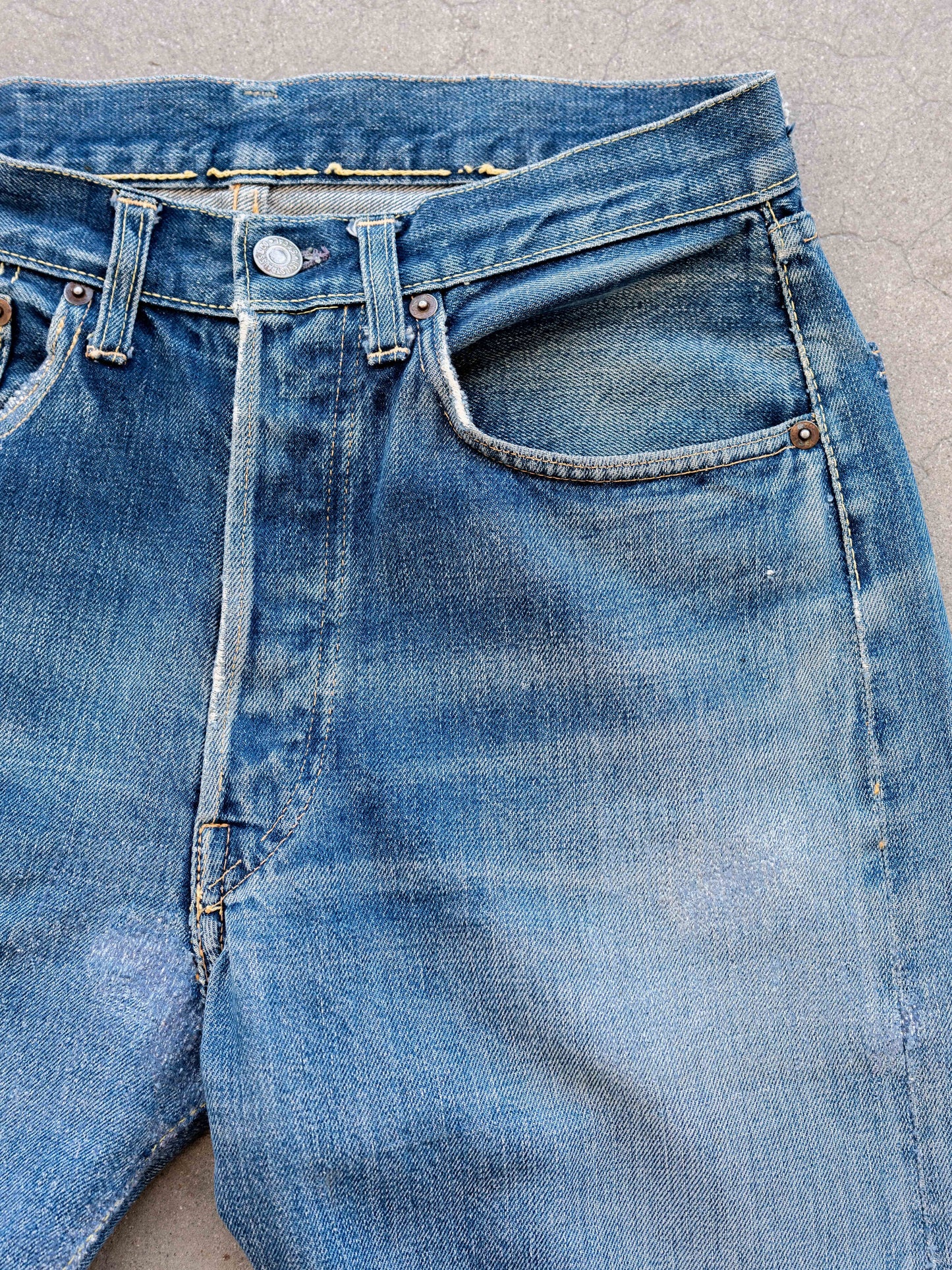 1960’s Big E 501XX Hidden Rivets in a Light Midwash with Repairs 30W