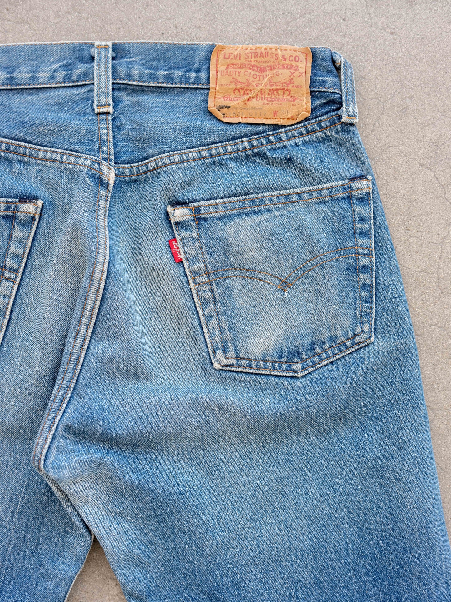 1980’s Levi’s 501 Redlines in a Dark Midwash with Slight Whiskers 30W