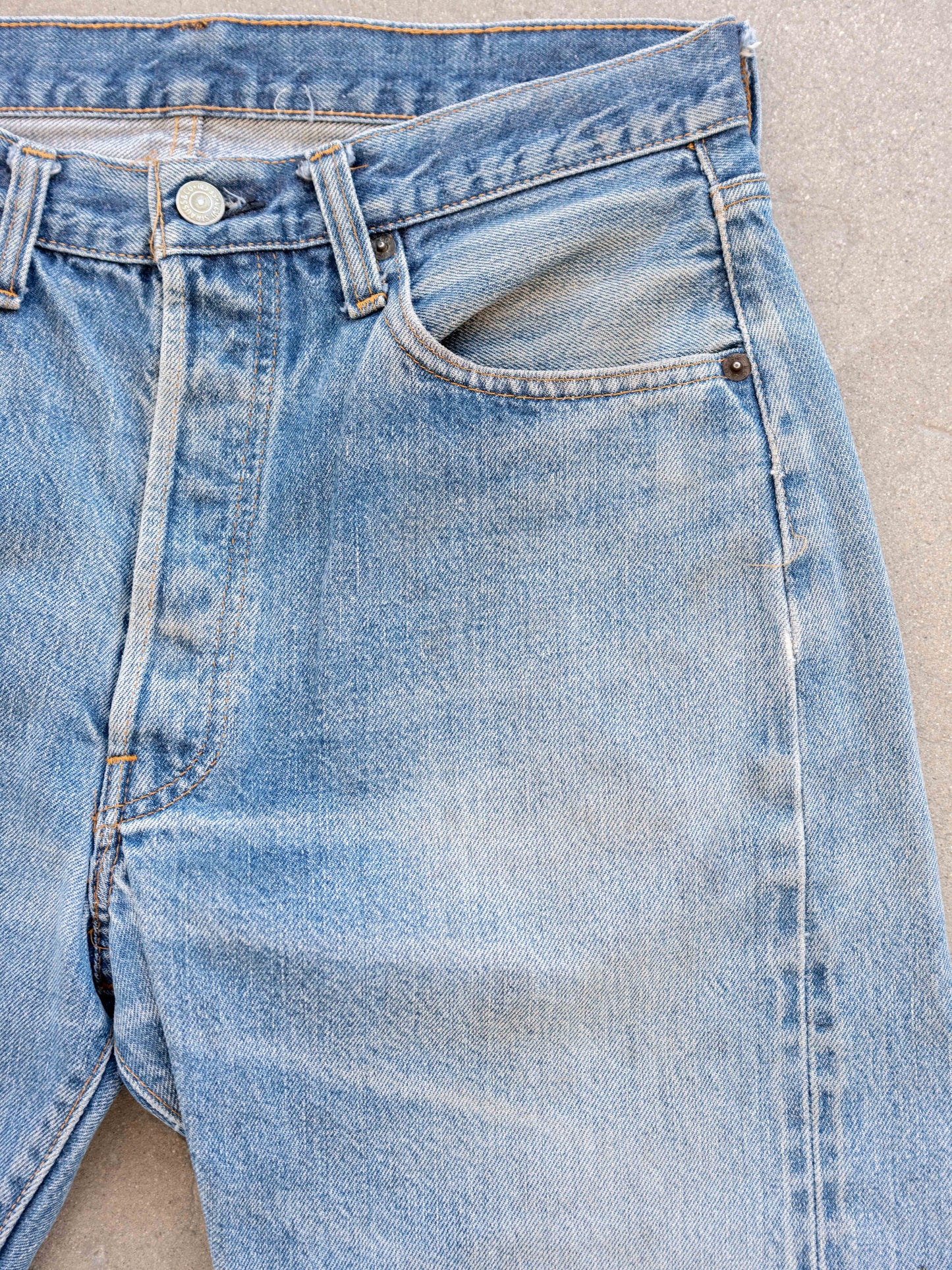 1980’s Levi’s 501 Redlines in a Light Midwash with Dirt and Rips 32W