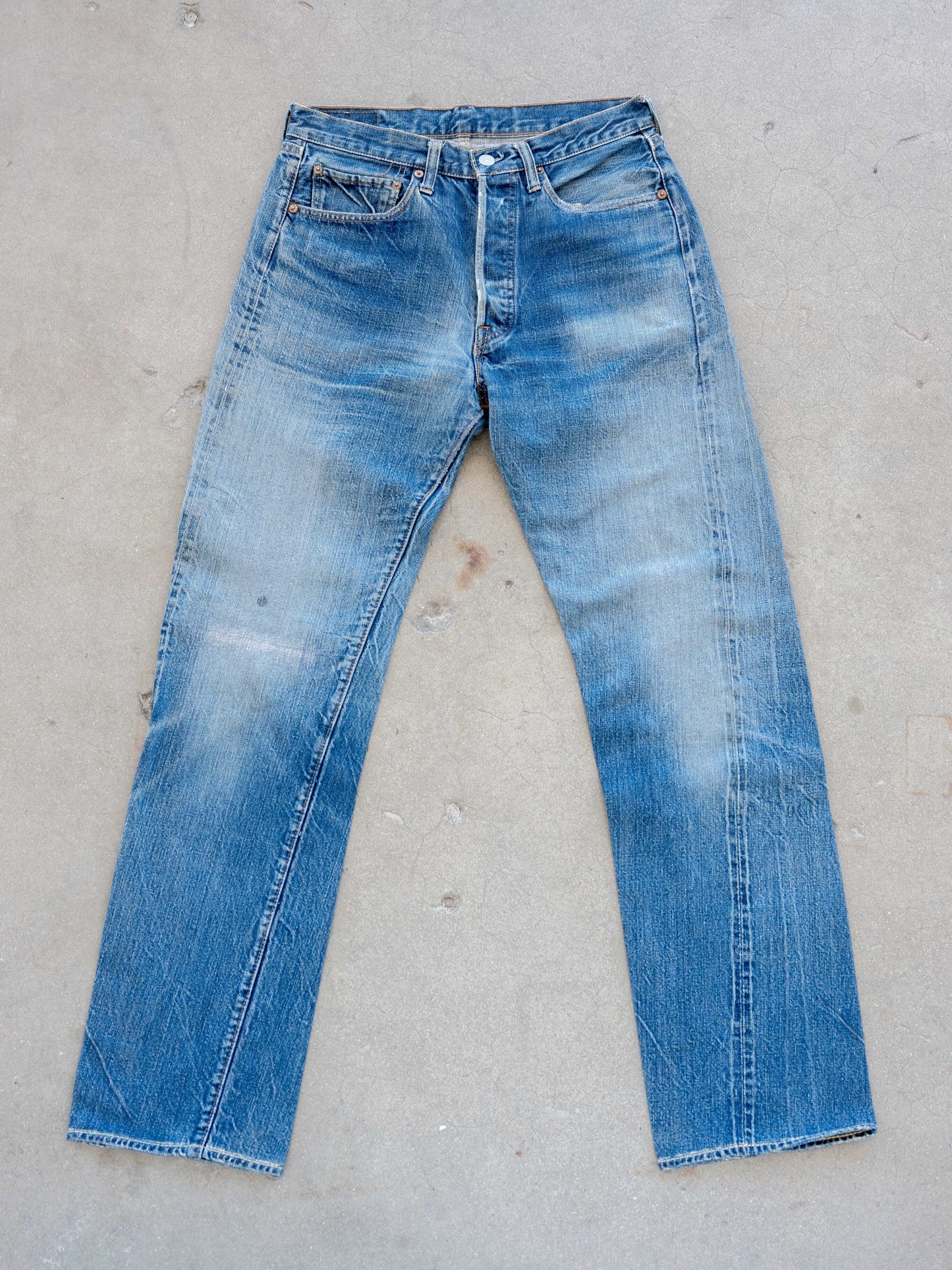 1960’s Big E Levi’s 501s in a Dark Midwash with Wear and Repairs 31W