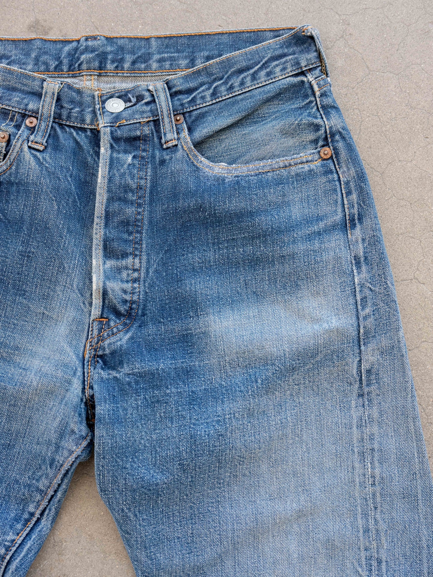 1960’s Big E Levi’s 501s in a Dark Midwash with Wear and Repairs 31W