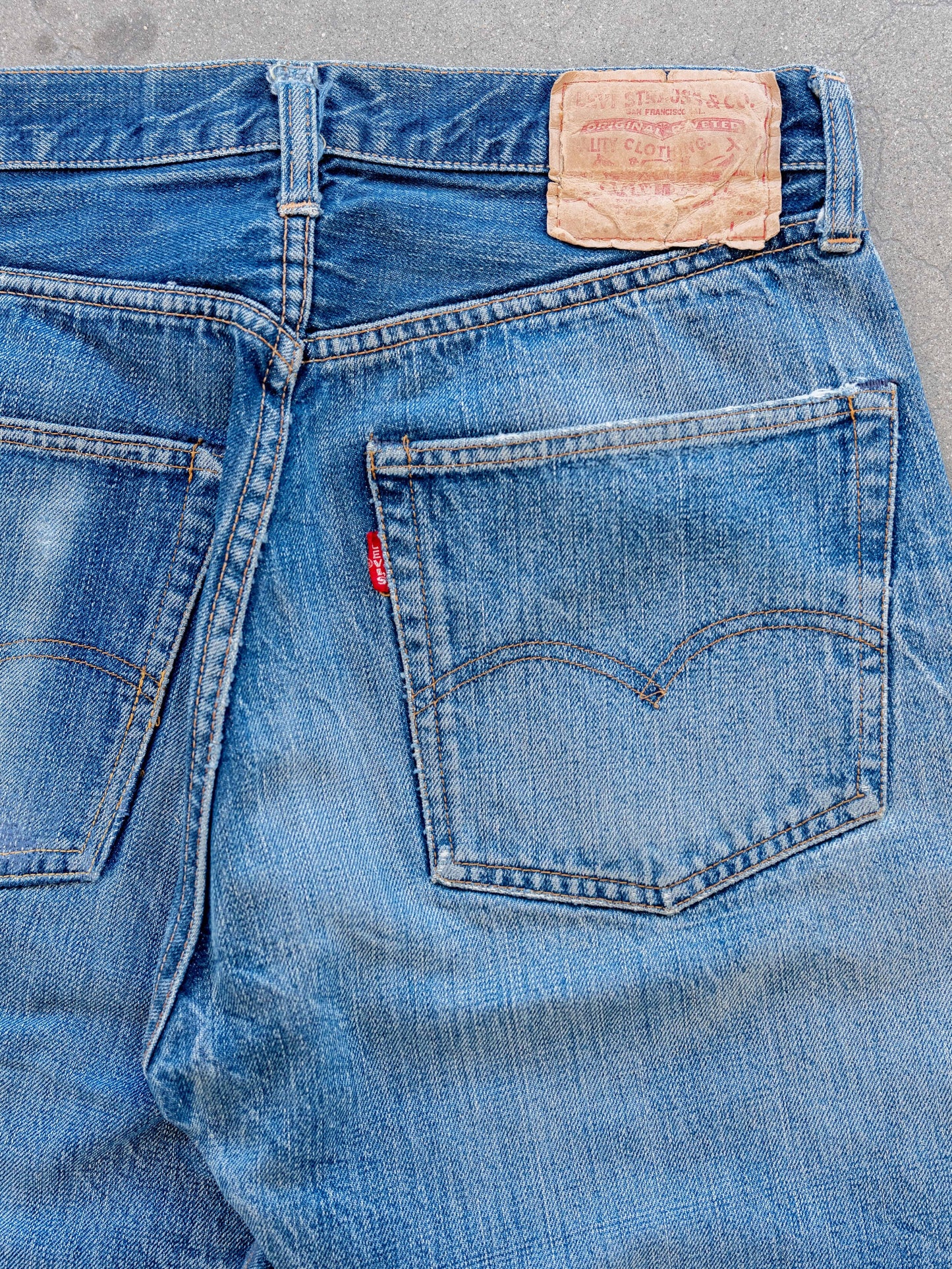 1960’s Big E Levi’s 501s in a Dark Midwash with Wear and Repairs 31W