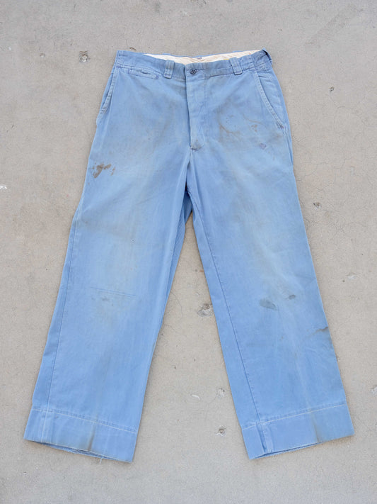 1940’s/1950’s Wideleg Blue Buttonfly Chinos with Wear and Character 31W