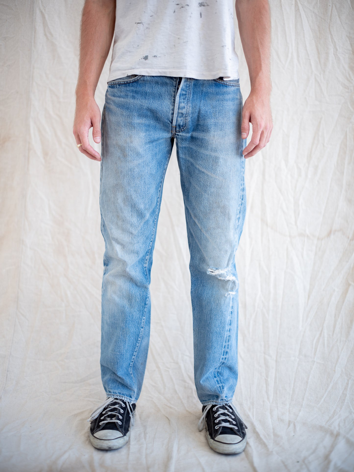 1980’s Levi’s 501 Redlines in a Light Midwash with Dirt and Rips 32W