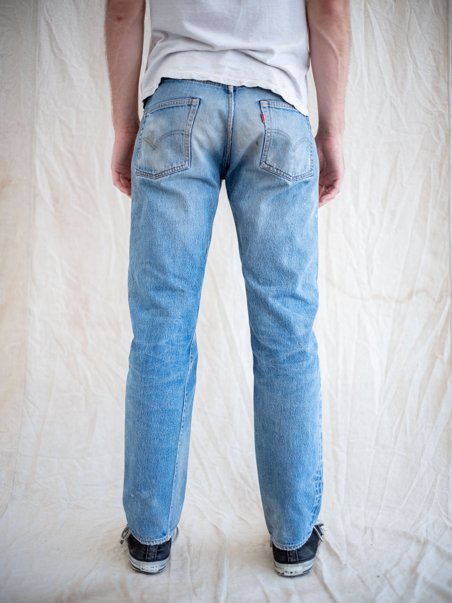 1980’s Levi’s 501 Redlines in a Light Midwash with Dirt and Rips 32W