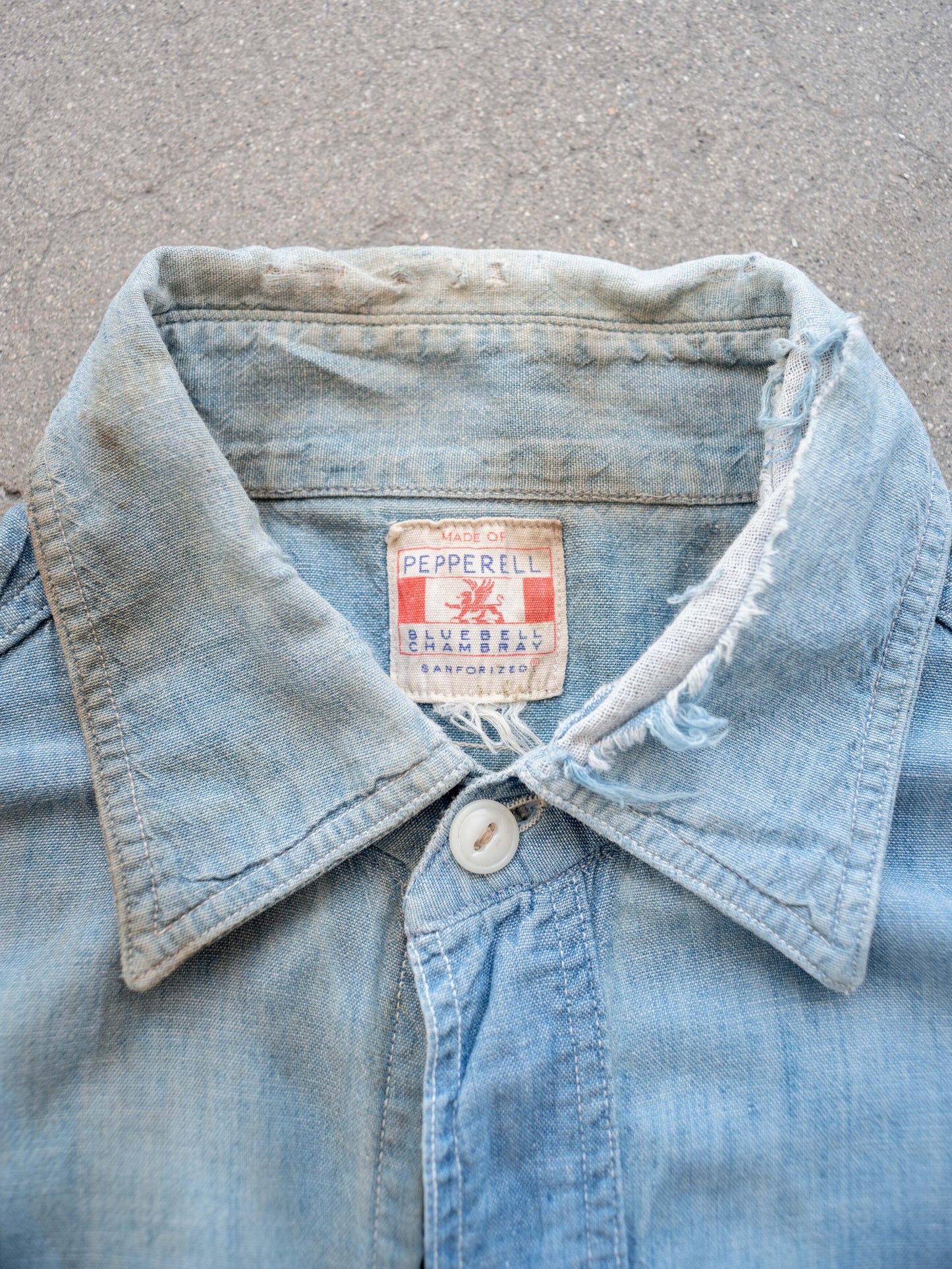 1950’s Sanforized Chambray Shirt with Heavy Distressing and Age (Size Small)