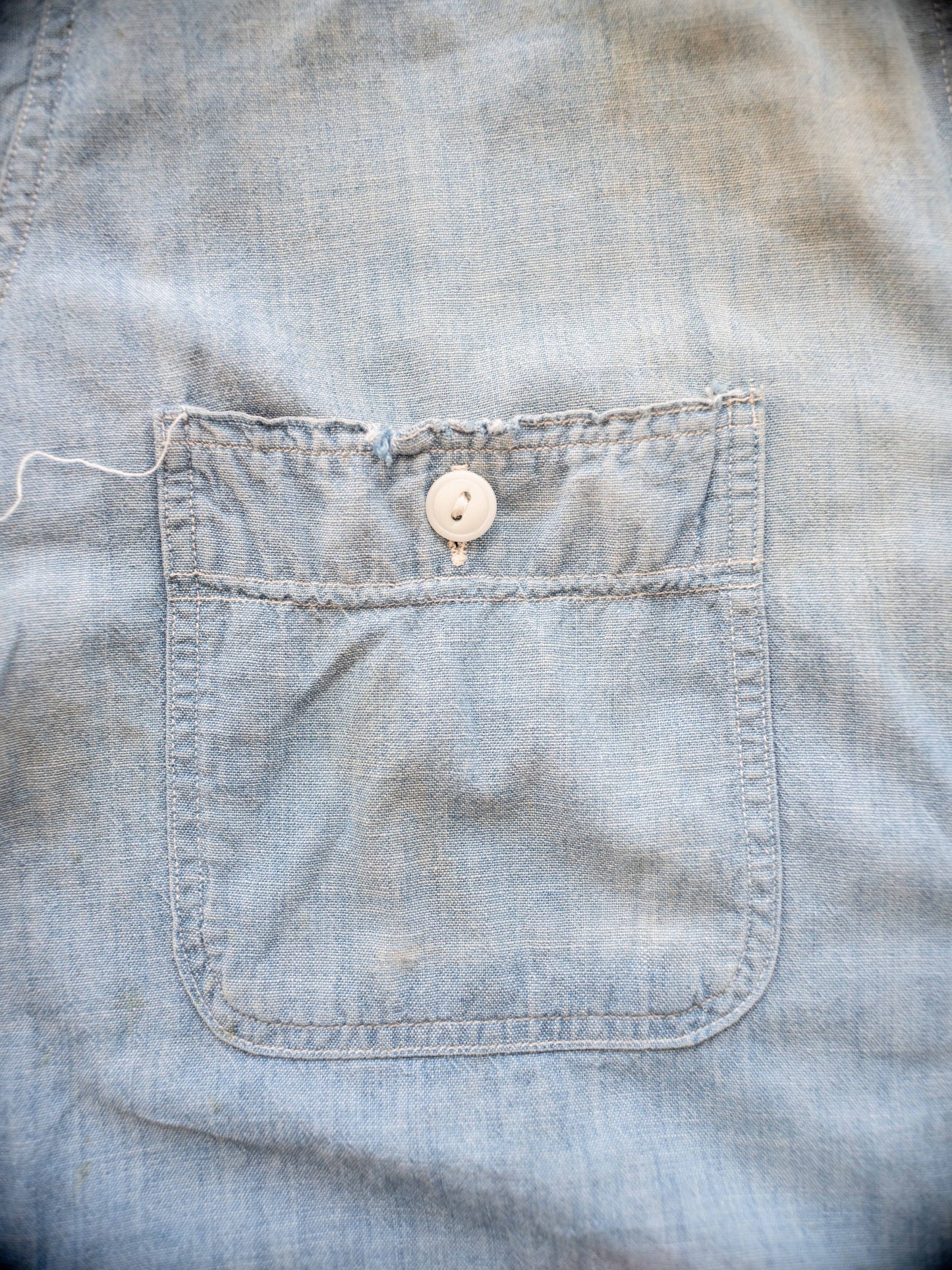 1950’s Sanforized Chambray Shirt with Heavy Distressing and Age (Size Small)