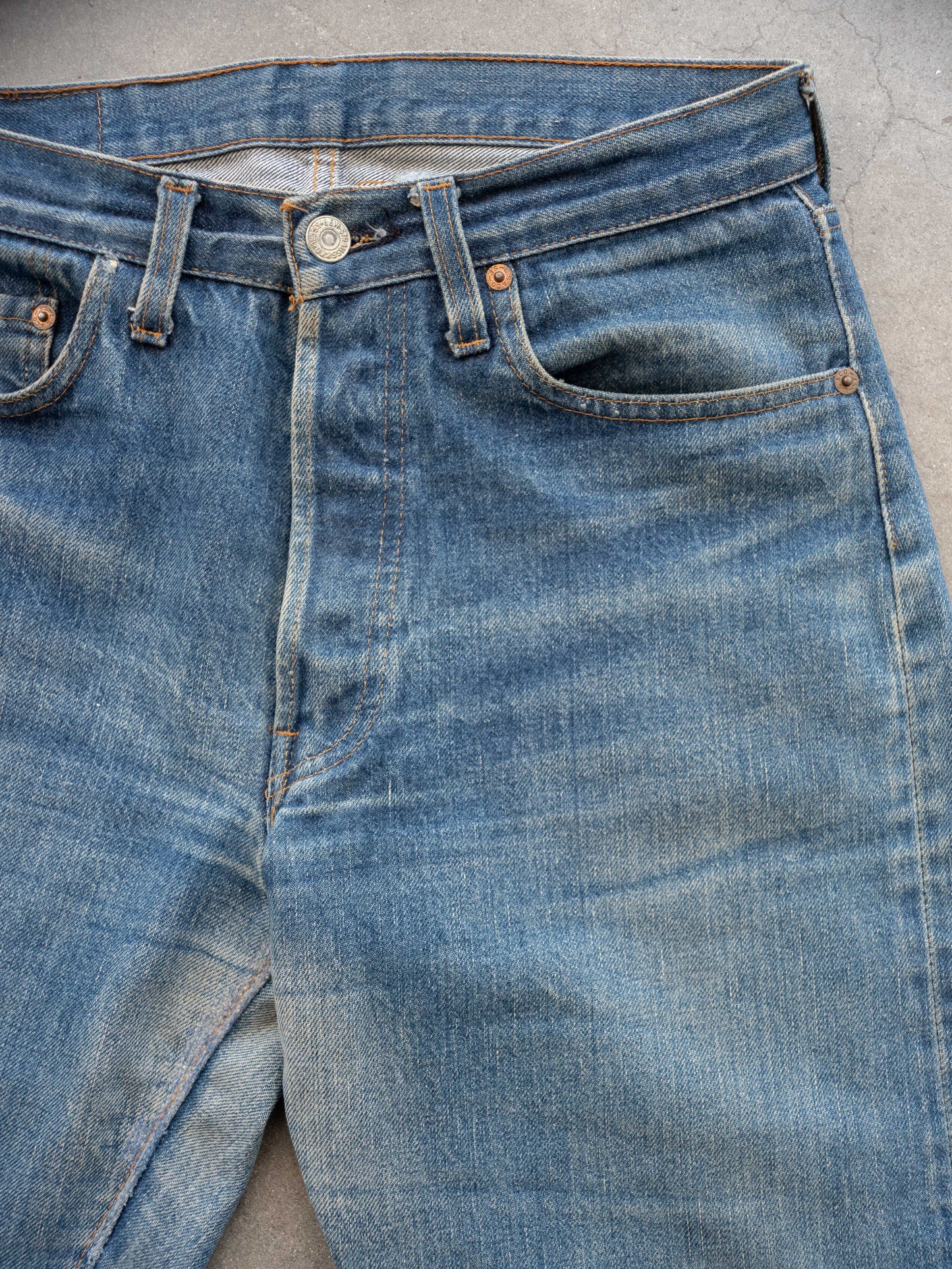 1970’s/1980’s Levi’s 501s Redlines with Whiskering in a Dark Mid Wash 31W