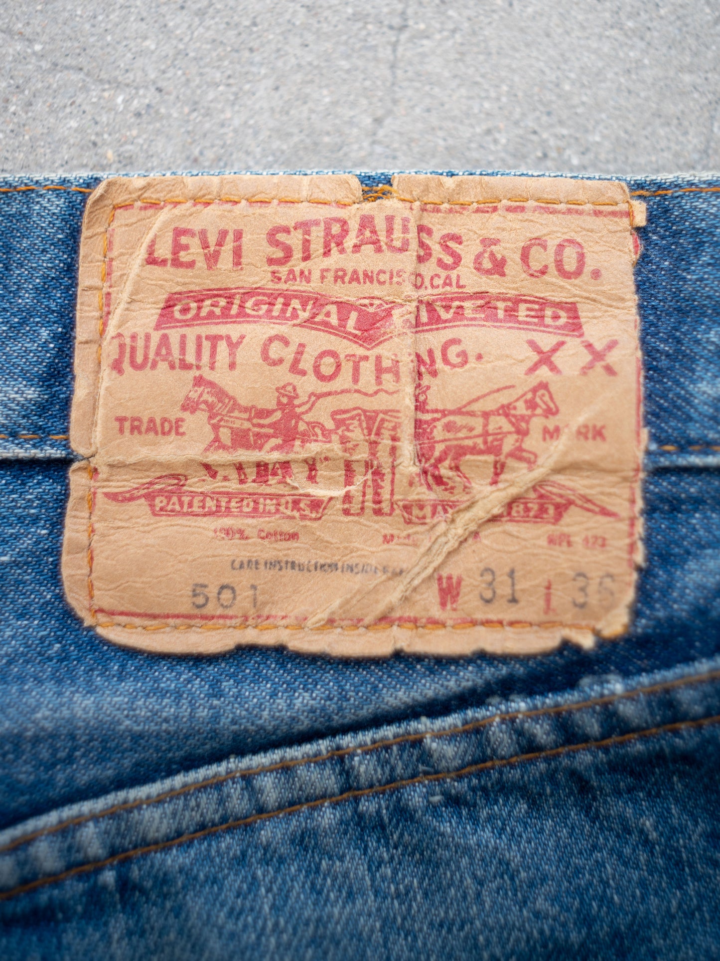 1970’s/1980’s Levi’s 501s Redlines with Whiskering in a Dark Mid Wash 31W