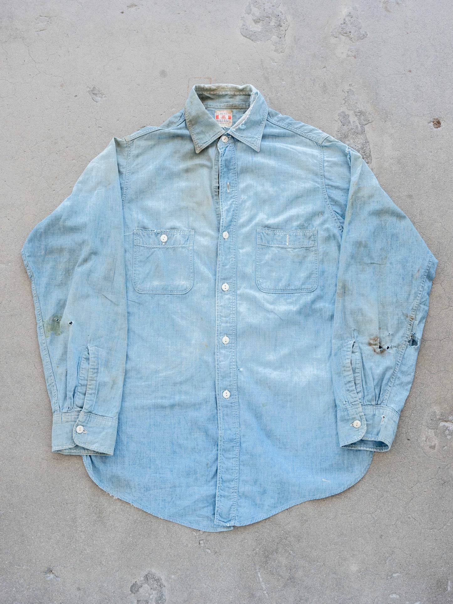1950’s Sanforized Chambray Shirt with Heavy Distressing and Age (Size Small)