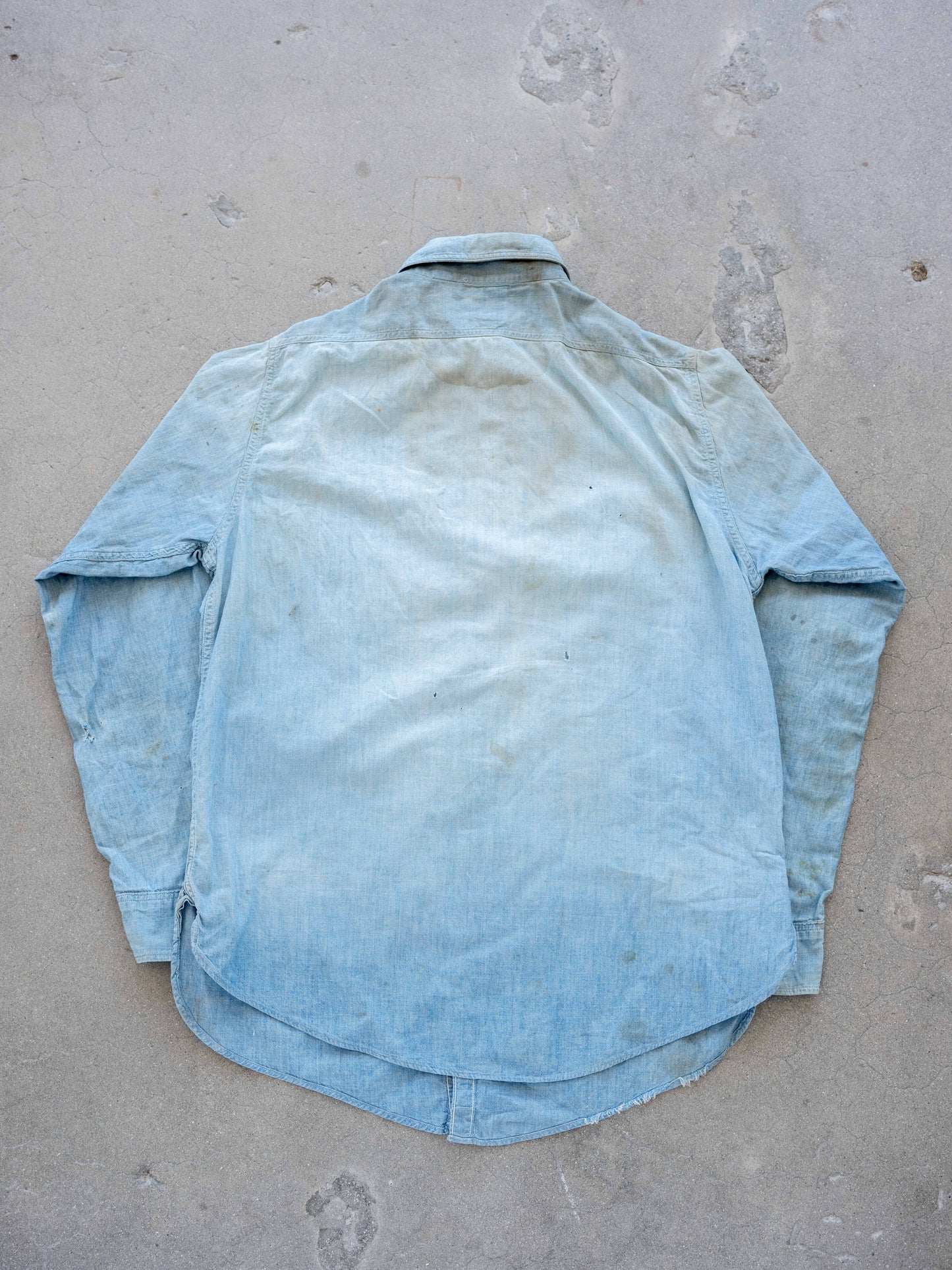 1950’s Sanforized Chambray Shirt with Heavy Distressing and Age (Size Small)
