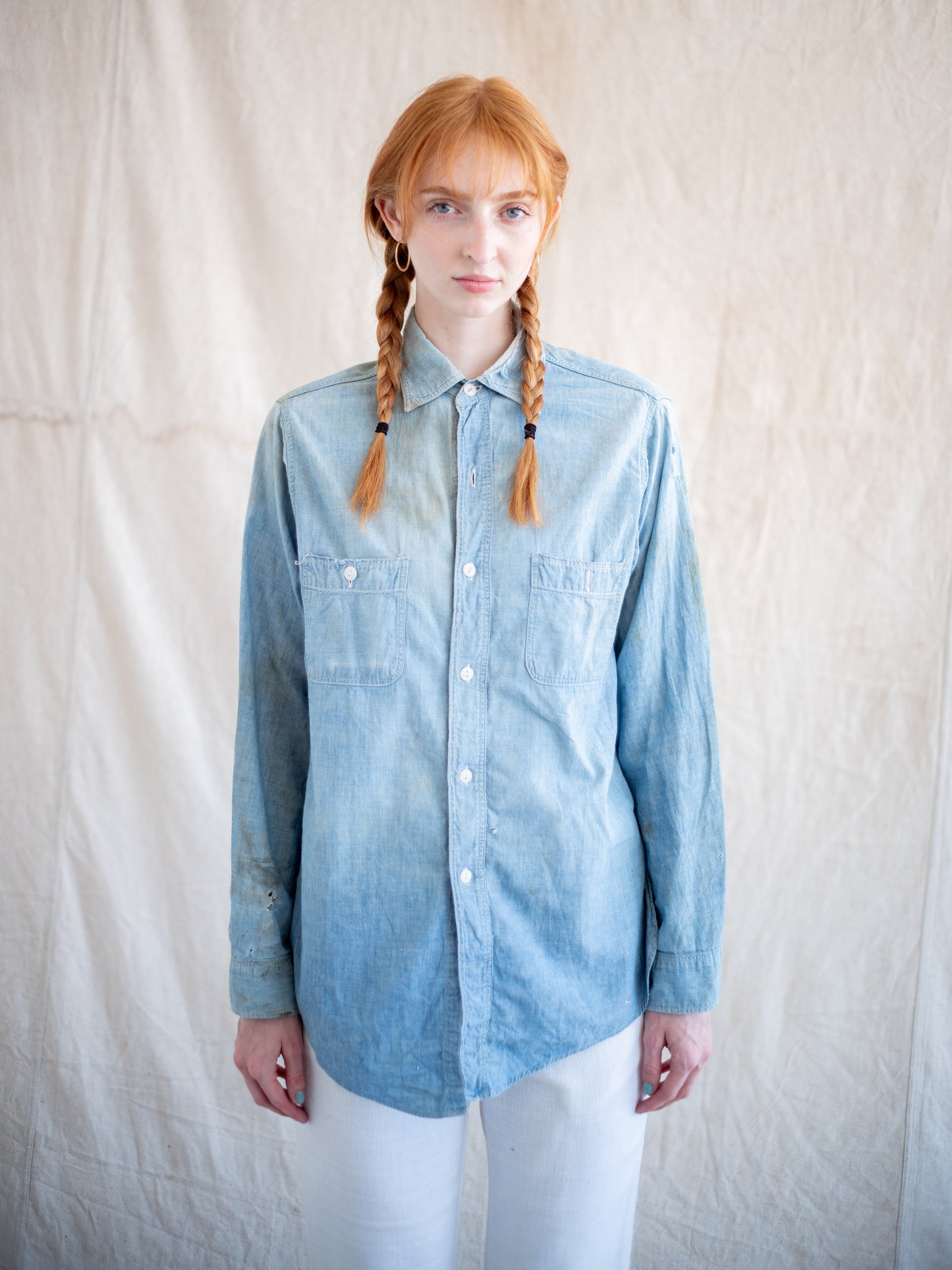 1950’s Sanforized Chambray Shirt with Heavy Distressing and Age (Size Small)