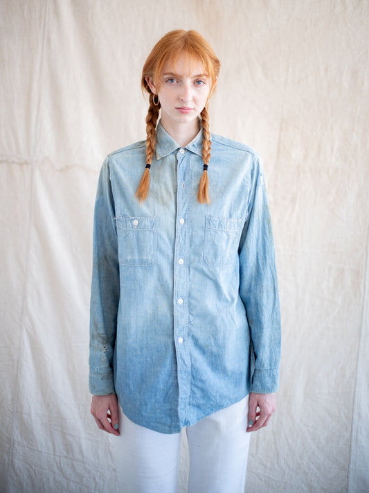 1950’s Sanforized Chambray Shirt with Heavy Distressing and Age (Size Small)