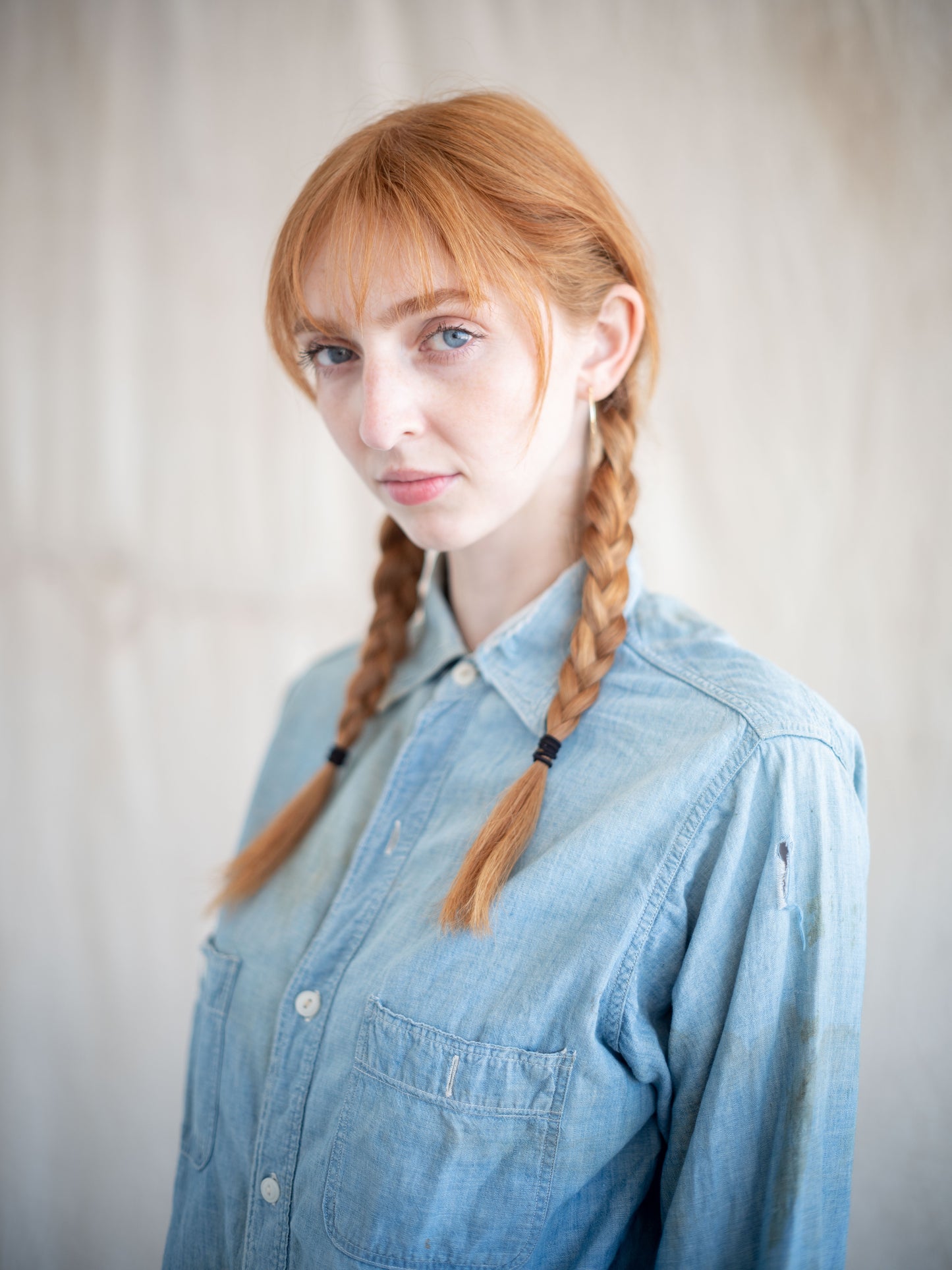 1950’s Sanforized Chambray Shirt with Heavy Distressing and Age (Size Small)