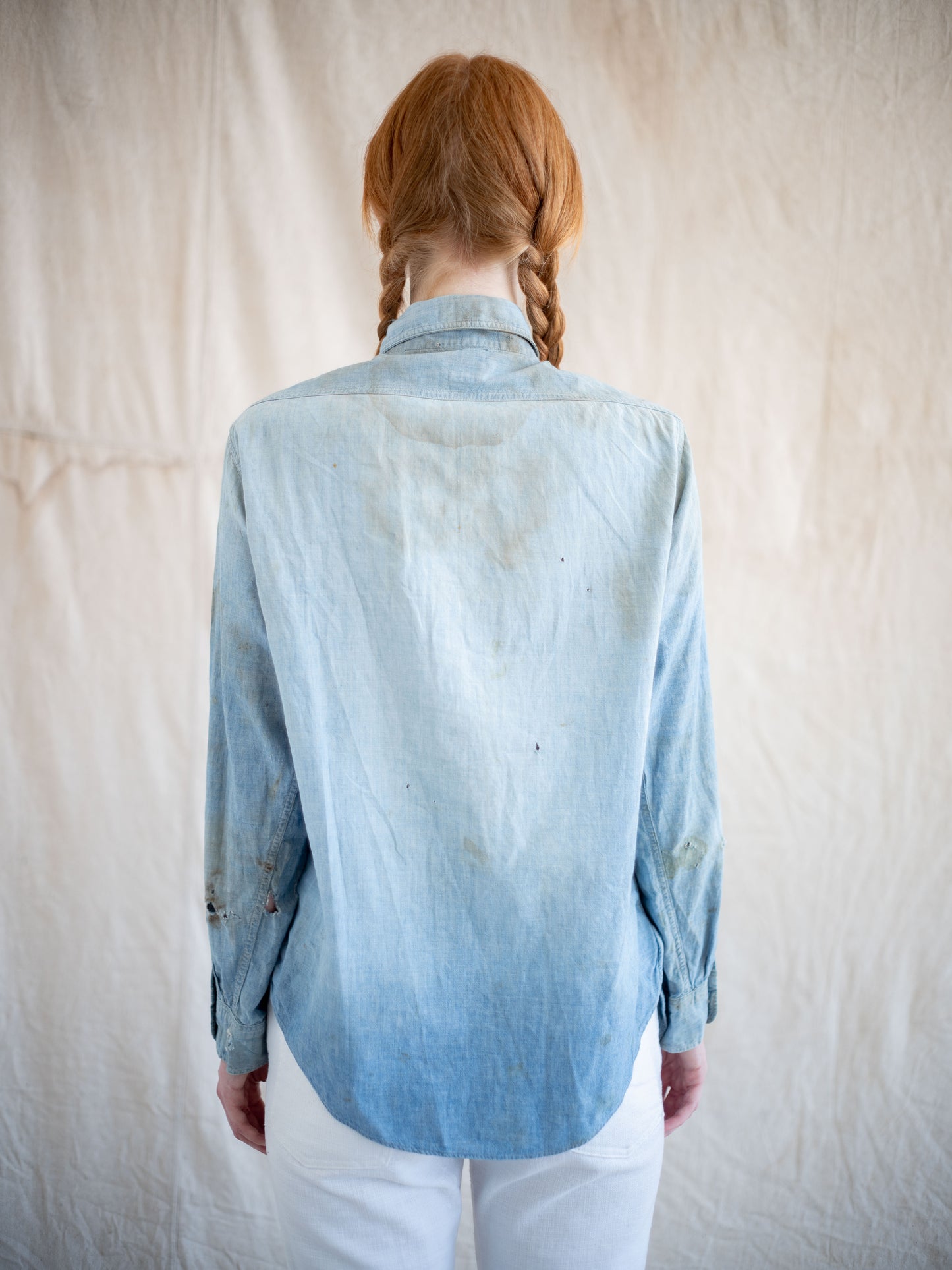1950’s Sanforized Chambray Shirt with Heavy Distressing and Age (Size Small)