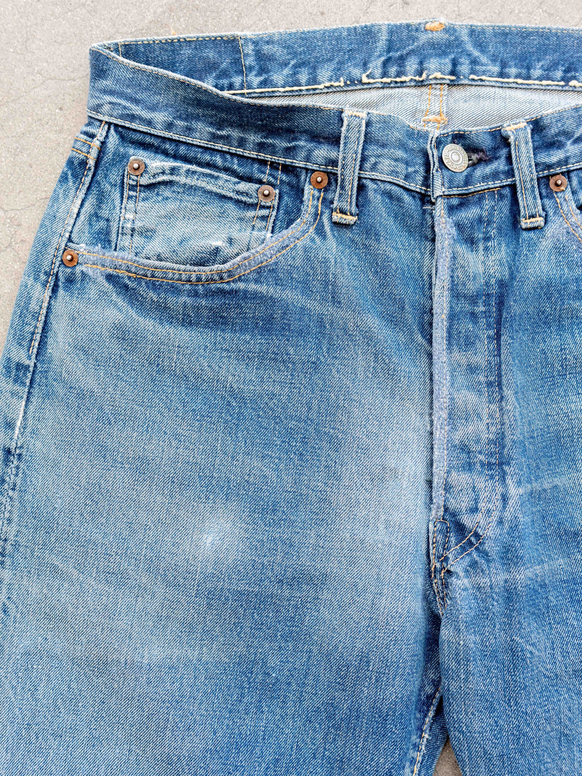1960’s Levi’s 501XX Hidden Rivets in a True Midwash with Repairs 32W