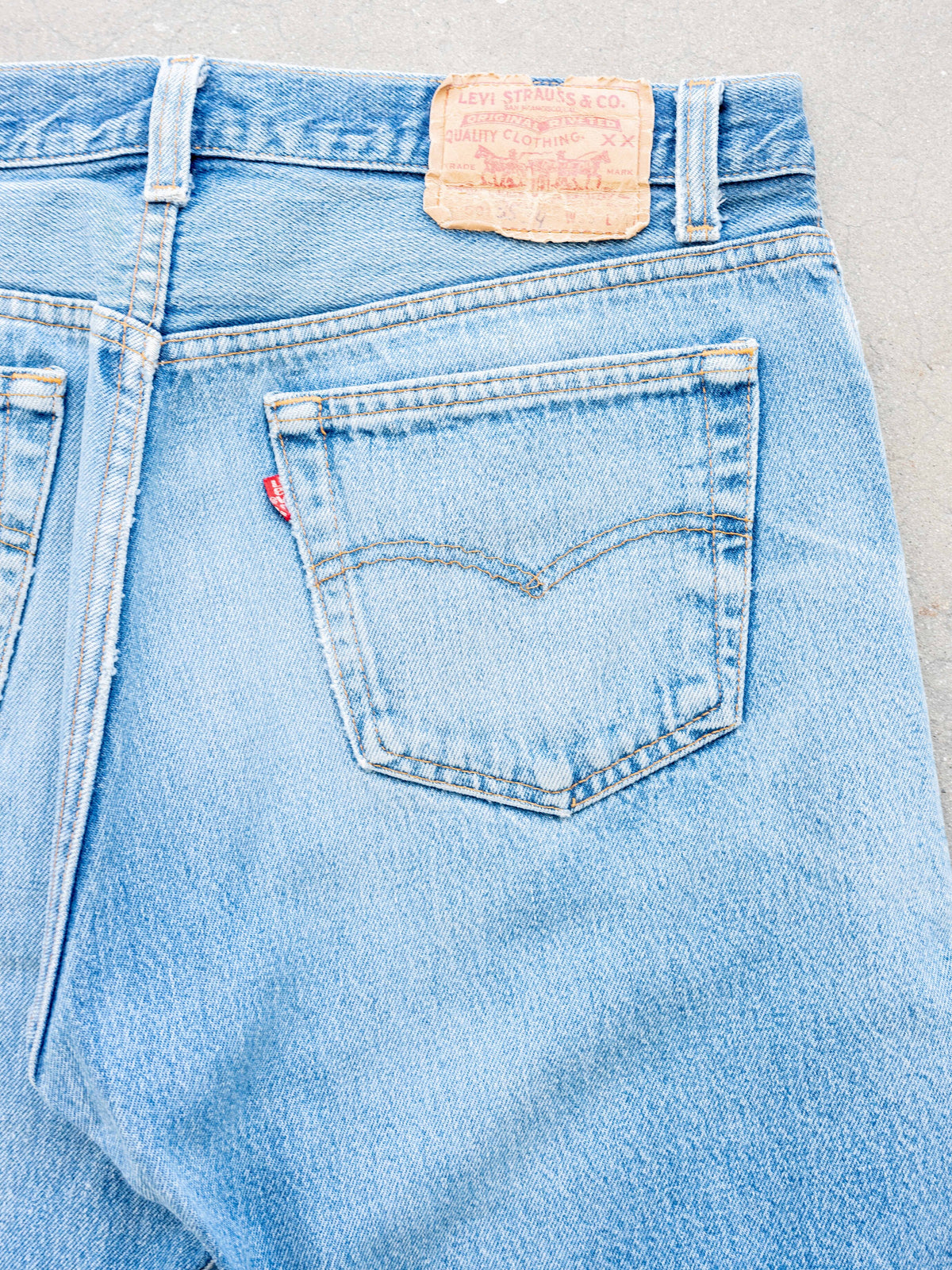 1980’s Levi’s 501s in a Light Midwash with Whiskering and Paint Drops 34W