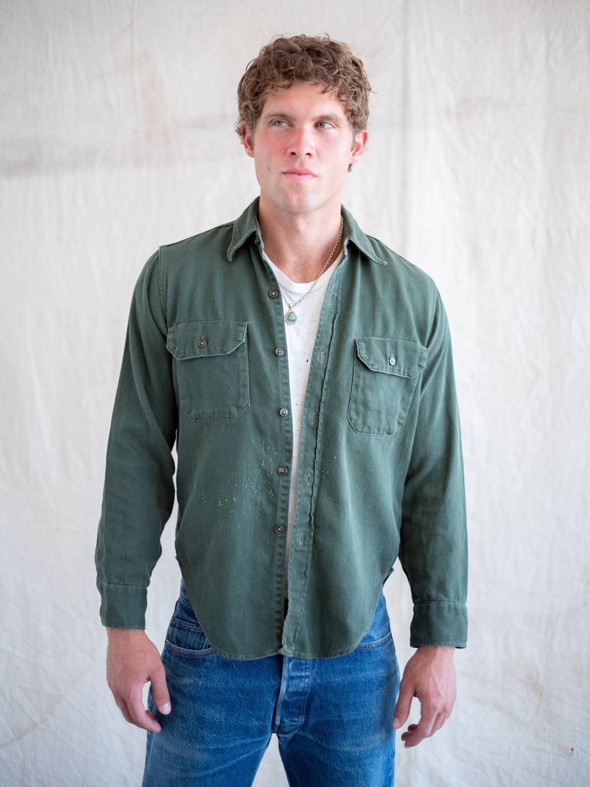 1950’s/1960’s Green Whipcord Workshirt with Distressing (Size Medium)