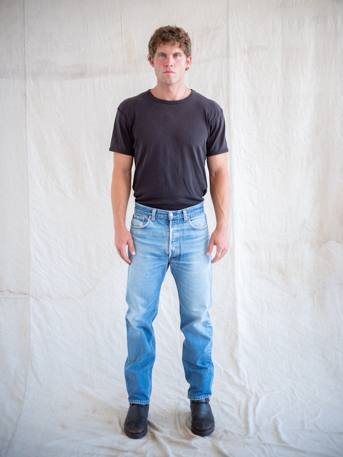 1980’s Levi’s 501s in a Light Midwash with Whiskering and Paint Drops 34W
