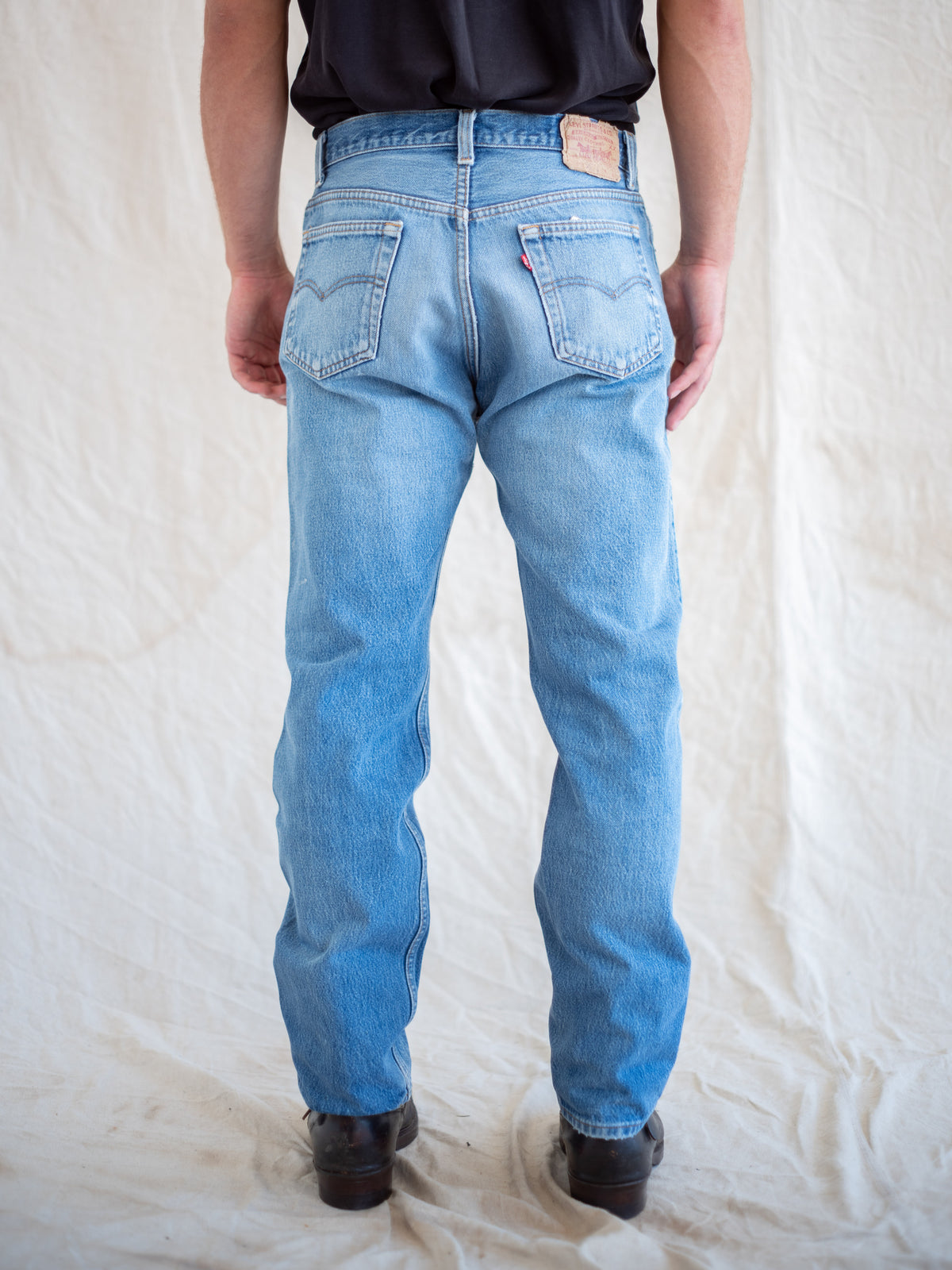 1980’s Levi’s 501s in a Light Midwash with Whiskering and Paint Drops 34W