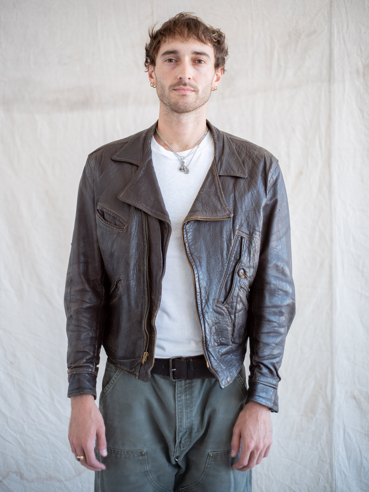 1930’s/1940’s Brown Sportswear Motorcycle Jacket with Salt and Pepper Liner (Size Large)